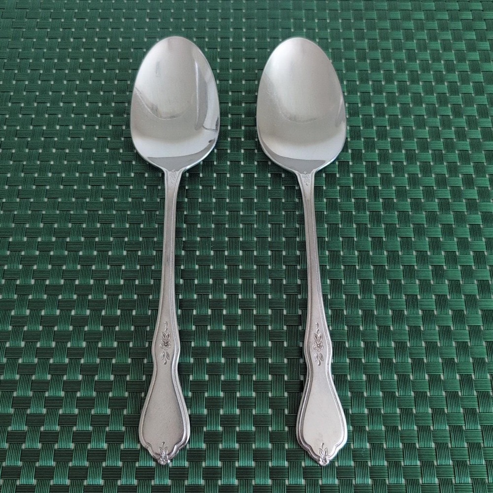 Oneida MORNING BLOSSOM Solid Serving Spoons Set Lot of 2 Stainless Burnished Vtg